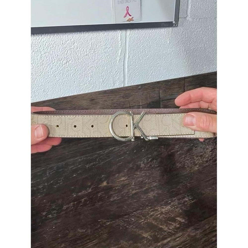 Calvin Klein Beige and Brown Logo Buckle Belt